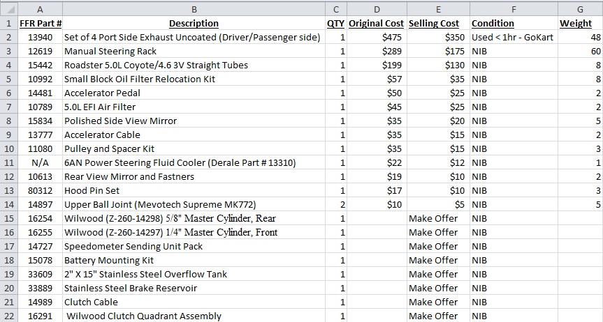 Parts Listing