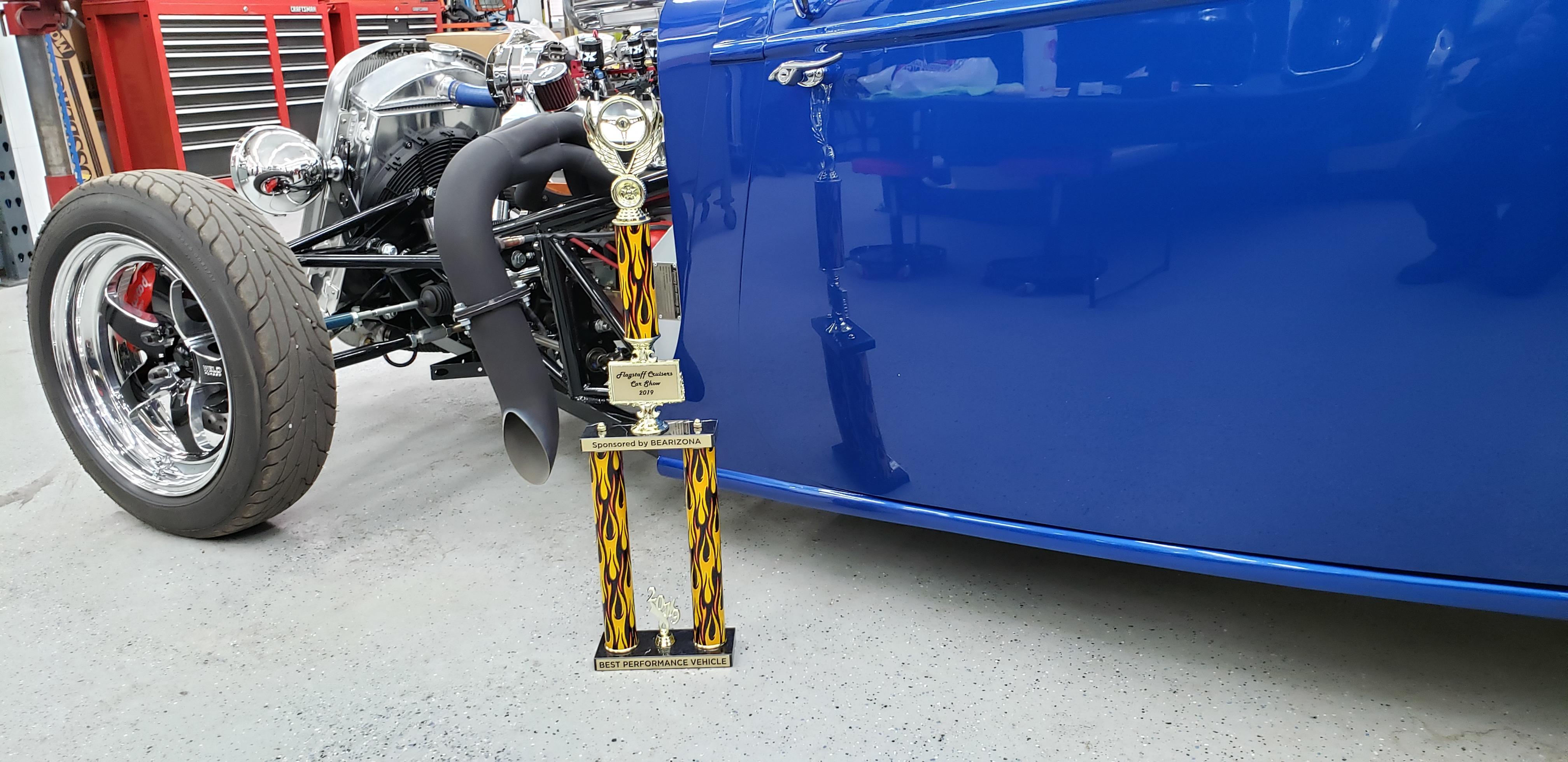2019 Spring Car Show.  Second car show entered = second trophy.  Won Best Performance Vehicle at the Flagstaff Cruisers Spring Car Show.  I built a race car but looks like a show car.  Car drew a crowd with lots of photos taken and questions about the build.  It also draws a crowd at the race track as the old school look is still popular with race fans.

RIGHT CLICK THEN CLICK VIEW IMAGE