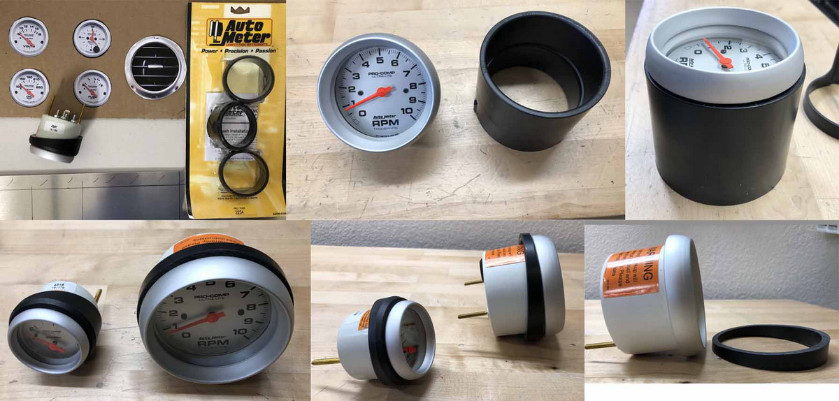 FFR Forum Brandle Update 65 - 
All gauges have angled mounts to direct the gauges towards the driver. 
For the Speedo & Tach, custom angle mounts fabricated from PVC Pipe