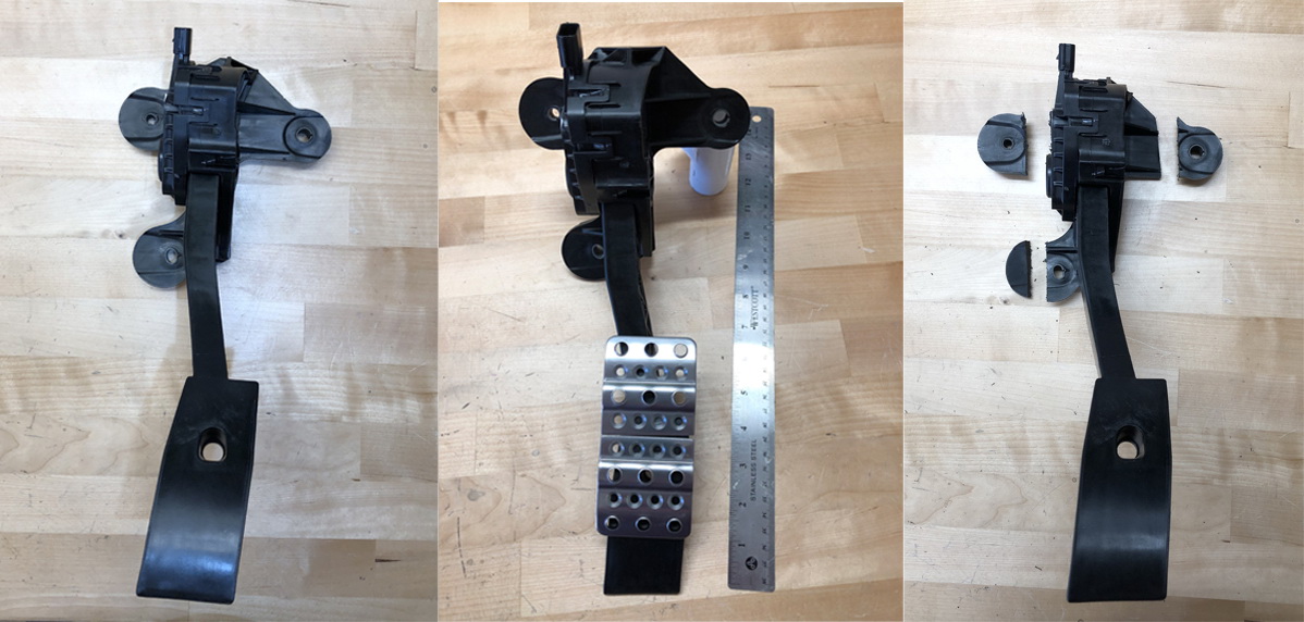 FFR Forum Brandle Update 72 - 
My own custom design for the location of the Accelerator Pedal Assy. I fabricated a spacer block that served to position the Accel pedal more in line with the brake & clutch pedals and to clear the steering shaft. Final cutting of the Accel. Arm and location & mounting of the pedal TBD