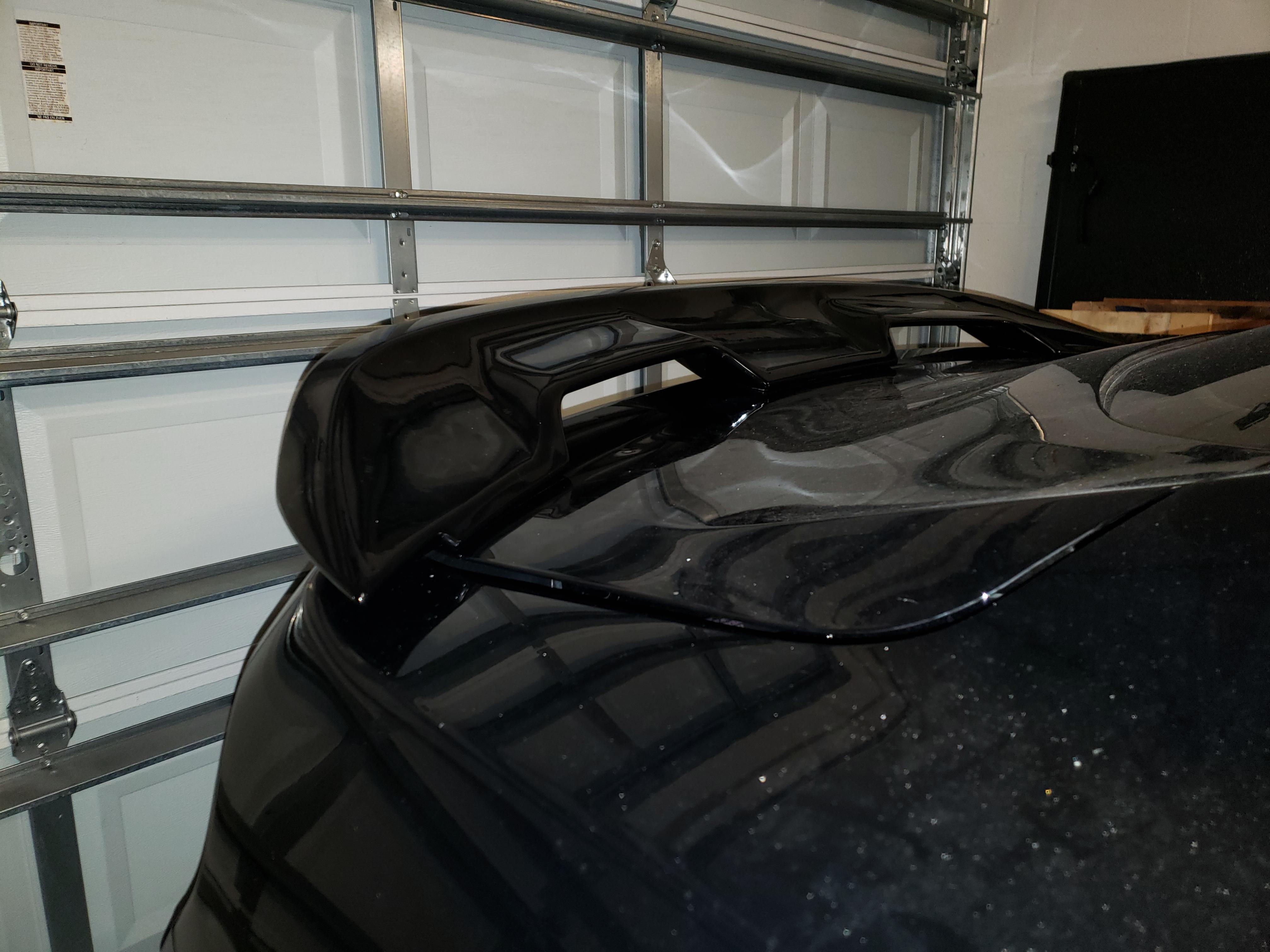 Installed GT500-style rear wing (front view)
