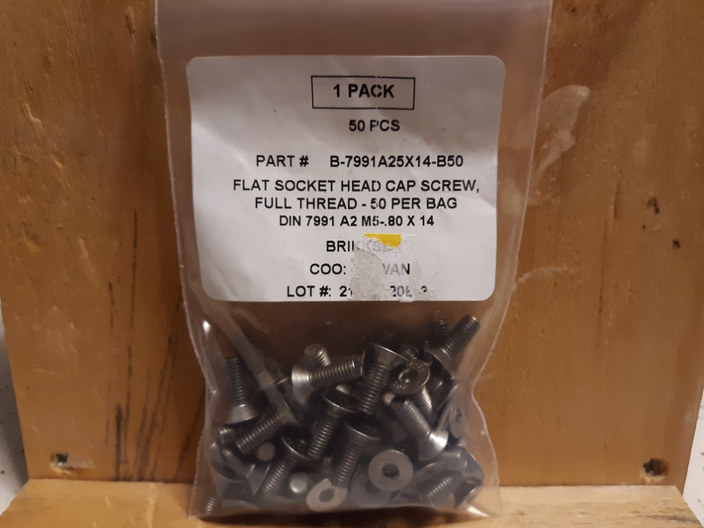 18-8 Stainless Steel  Hex Drive Flat Head Screws M5 x 0.8 thread 14mm long
Part # 92125A211
$9.05 pack of 50
McMaster-Carr