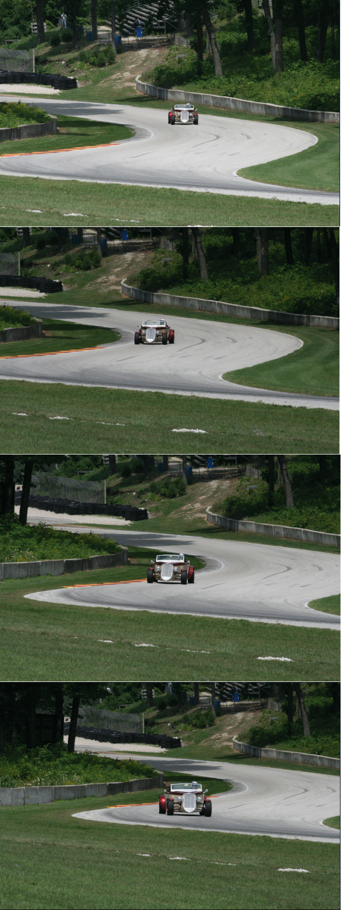 Road America, August, 2012, Northwoods Shelby Club, These photos show #007 through the relatively "technical" section of Road America's 4 mile track. Seen is the car exiting Turn 12 (Canada Corner), entering and exiting Turn 13 (Mitchel Corner). This section of track is done in the top end of 3rd gear at speeds between about 70 MPH and 90MPH.