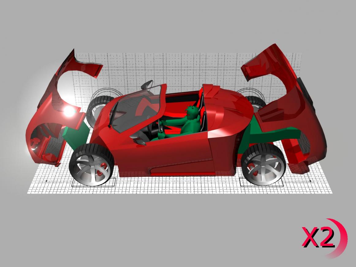 X2SideOpen--Showing front and rear body parts open and interal fitment of the powertrain and radiator.