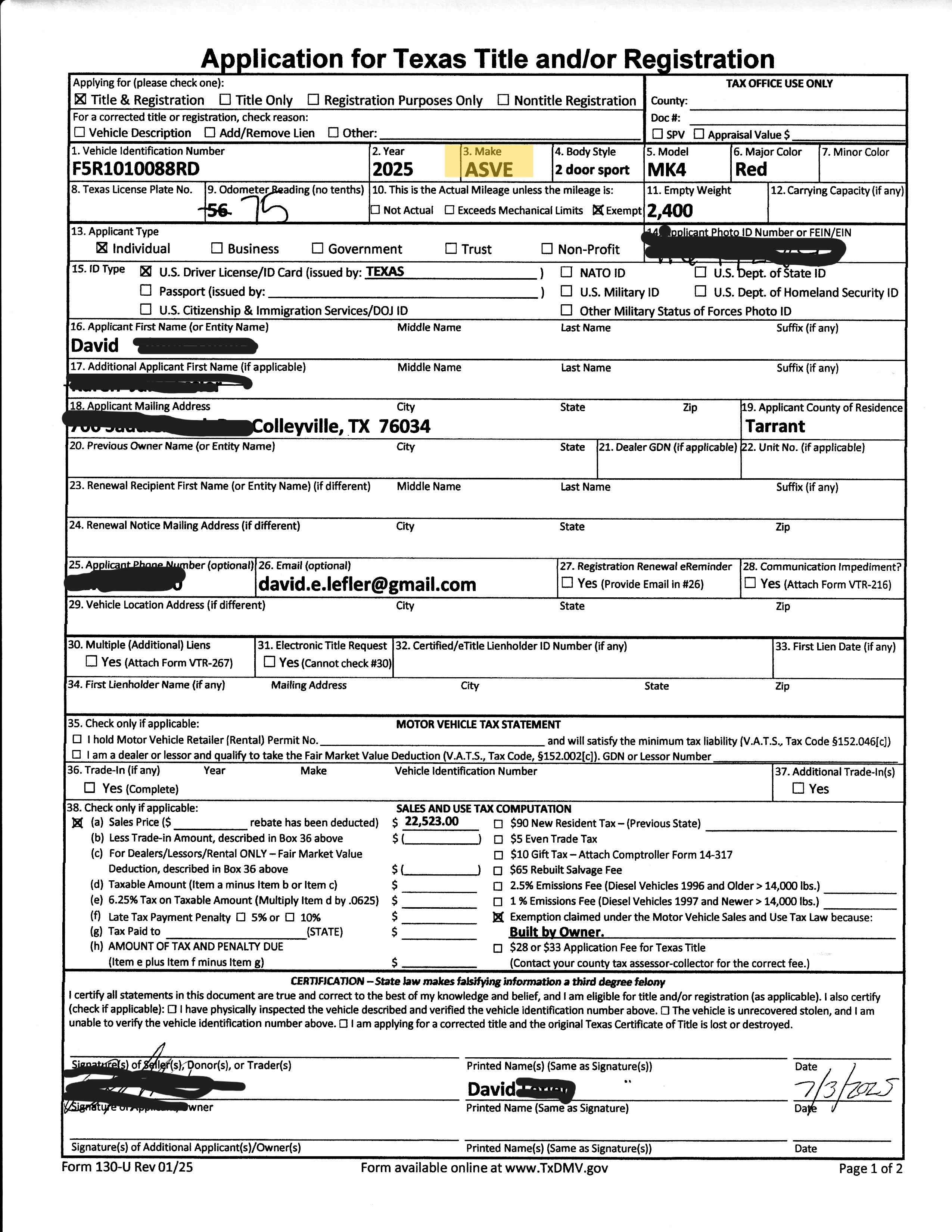 130 U Application for Texas Title
