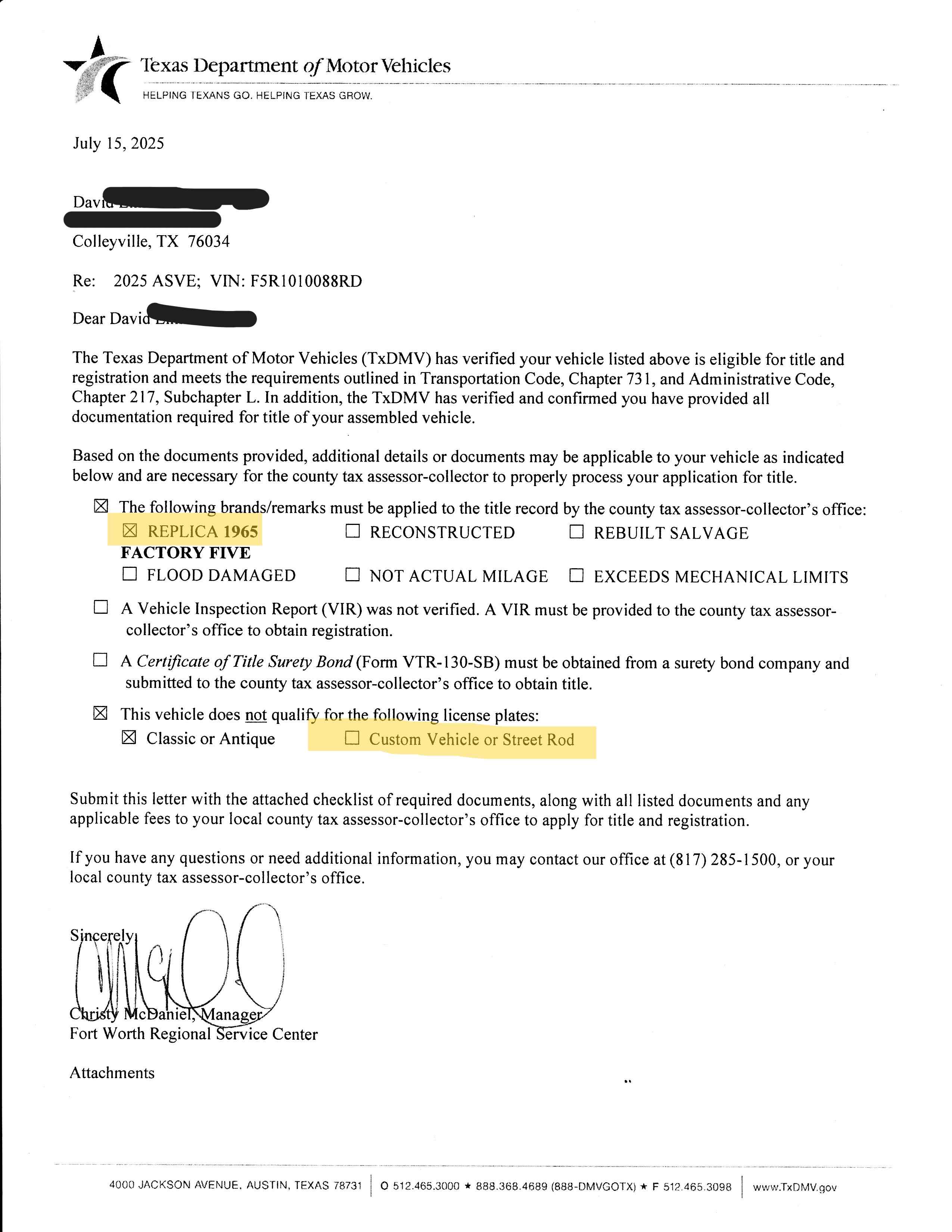 Texas Dept of Motor Vehicles Letter of complete docs