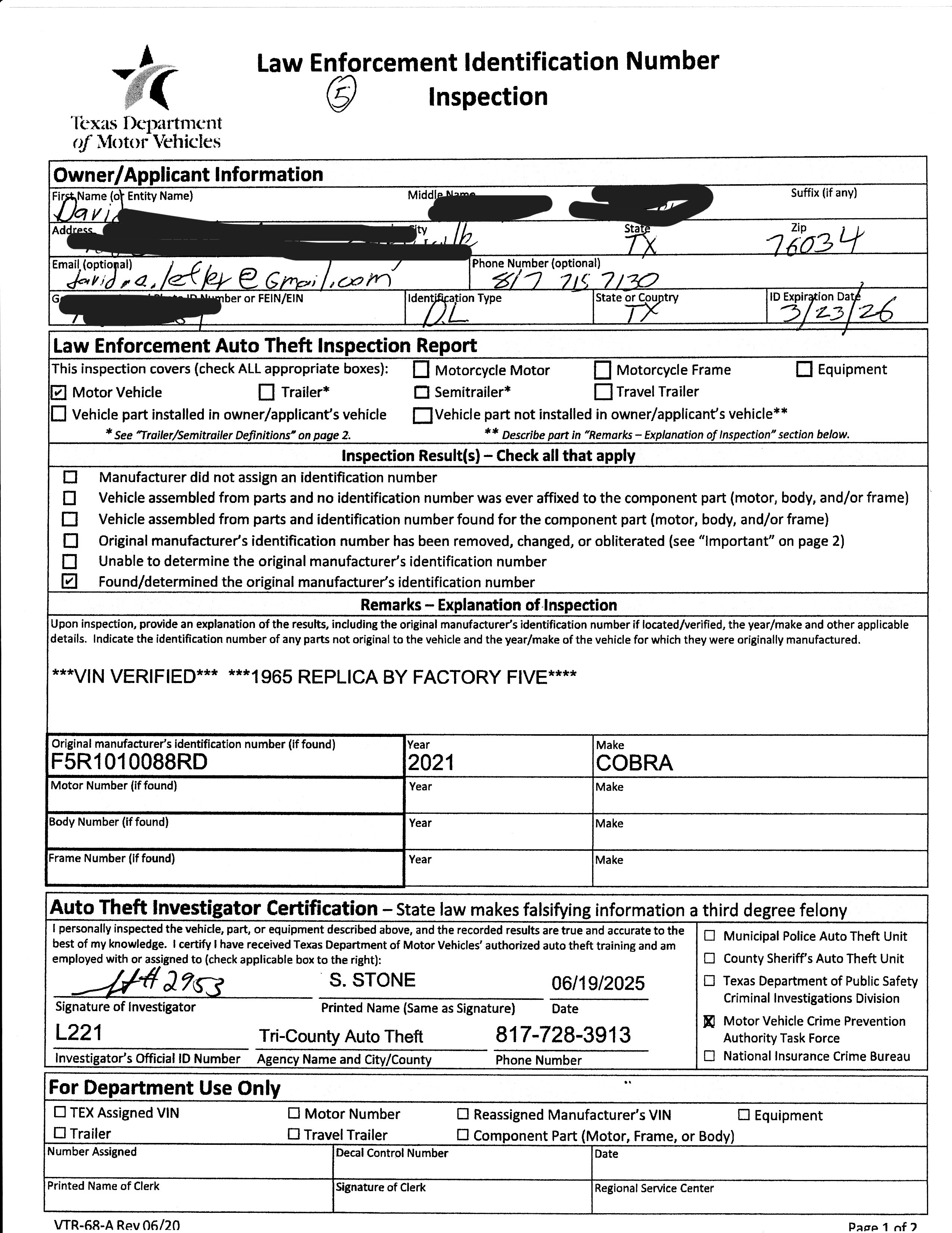 VTR 68 A Rev 06 20 Law Enforcement Identification Inspection