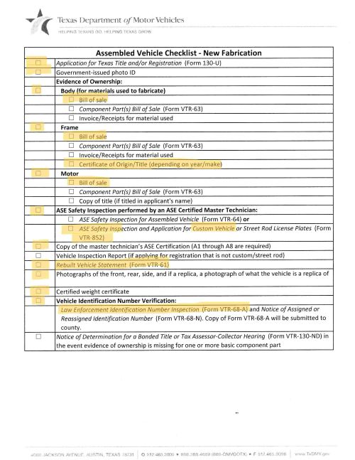 Assembled Vechicle Checklist   New Fabication S