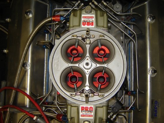 Full out race carburetor on a 502 with a big shot of nitrous.  This car won True Street class two years in a row.