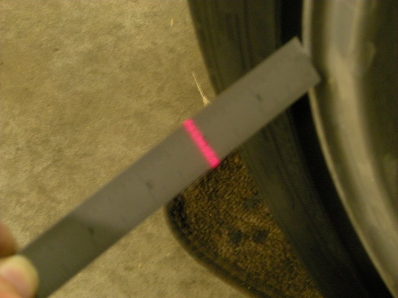 laser on ruler here is the laser beam on the ruler - I can get to 1/16" for toe with this system.