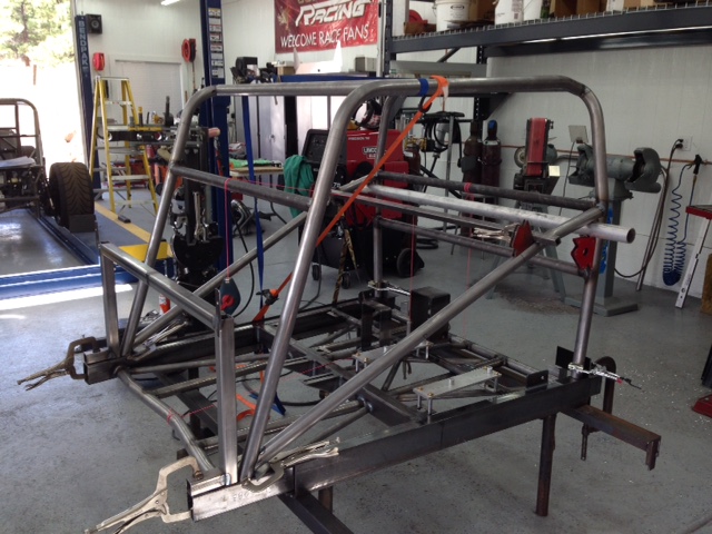 Chassis fabricated on a welding jig.