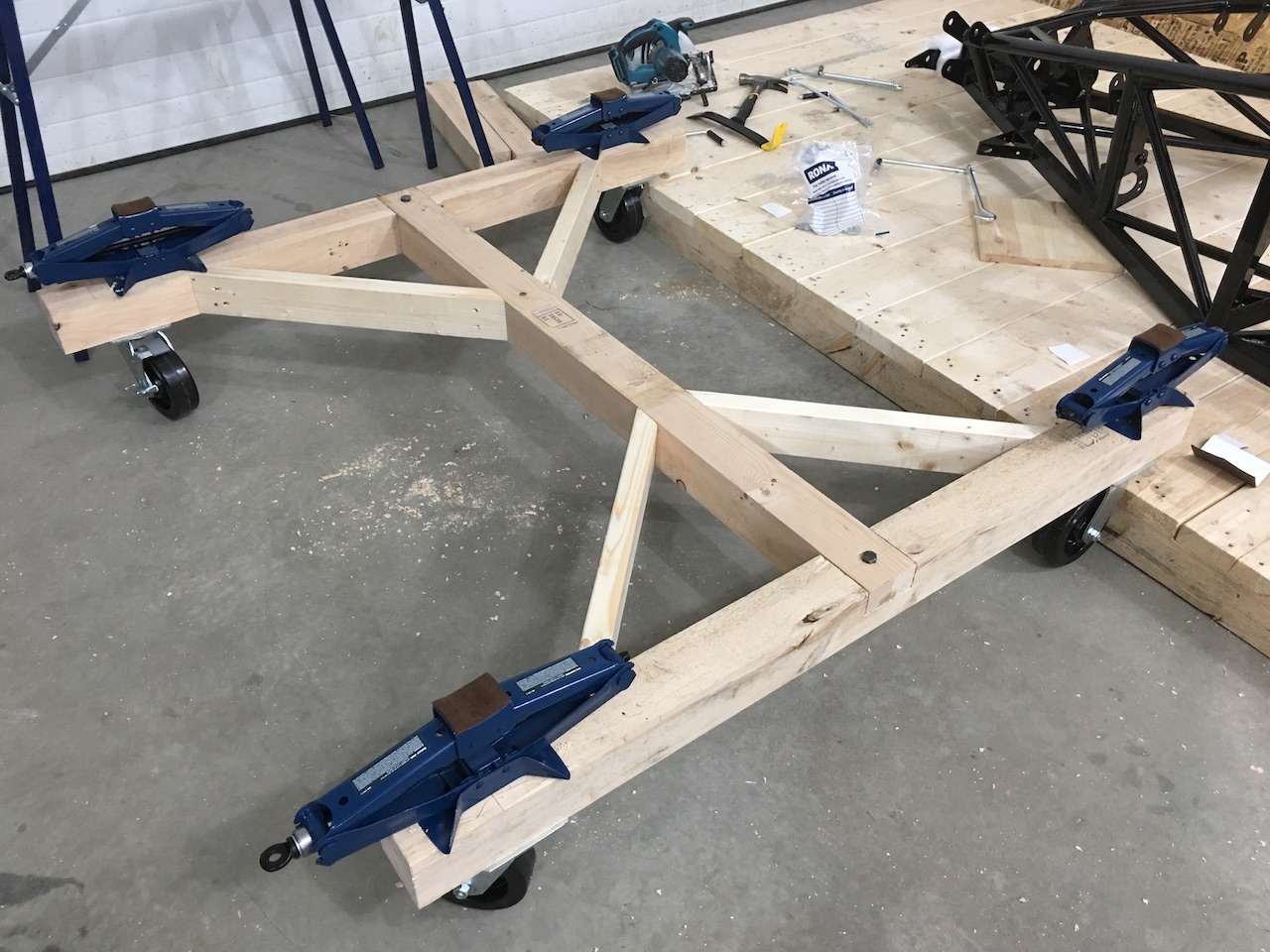 Building a build cart. 4 Corner height adjustable as the floor is not level.