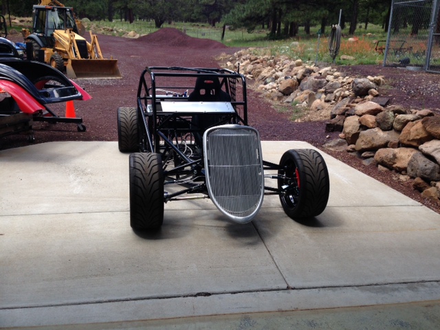 Another beautiful day in Temberline so I pushed the car out to take some progress photos for my build file.   That grill / radiator assembly weighs 35lbs without coolant.  Might have to rethink using that porky aluminum grill.