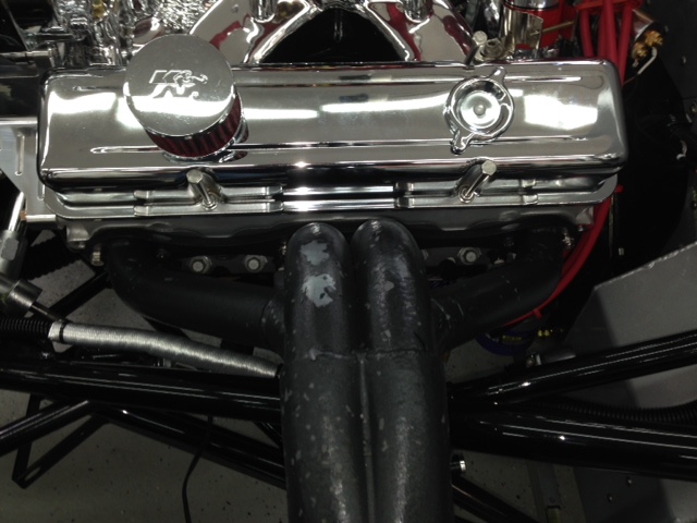 Hard to see in the photo but the wiz-bang 1200-deg coating I had put on the headers blistered and burned off before I could even get the timing set.  On to Plan-B, paint them with VHT header paint which has always worked well in the past.