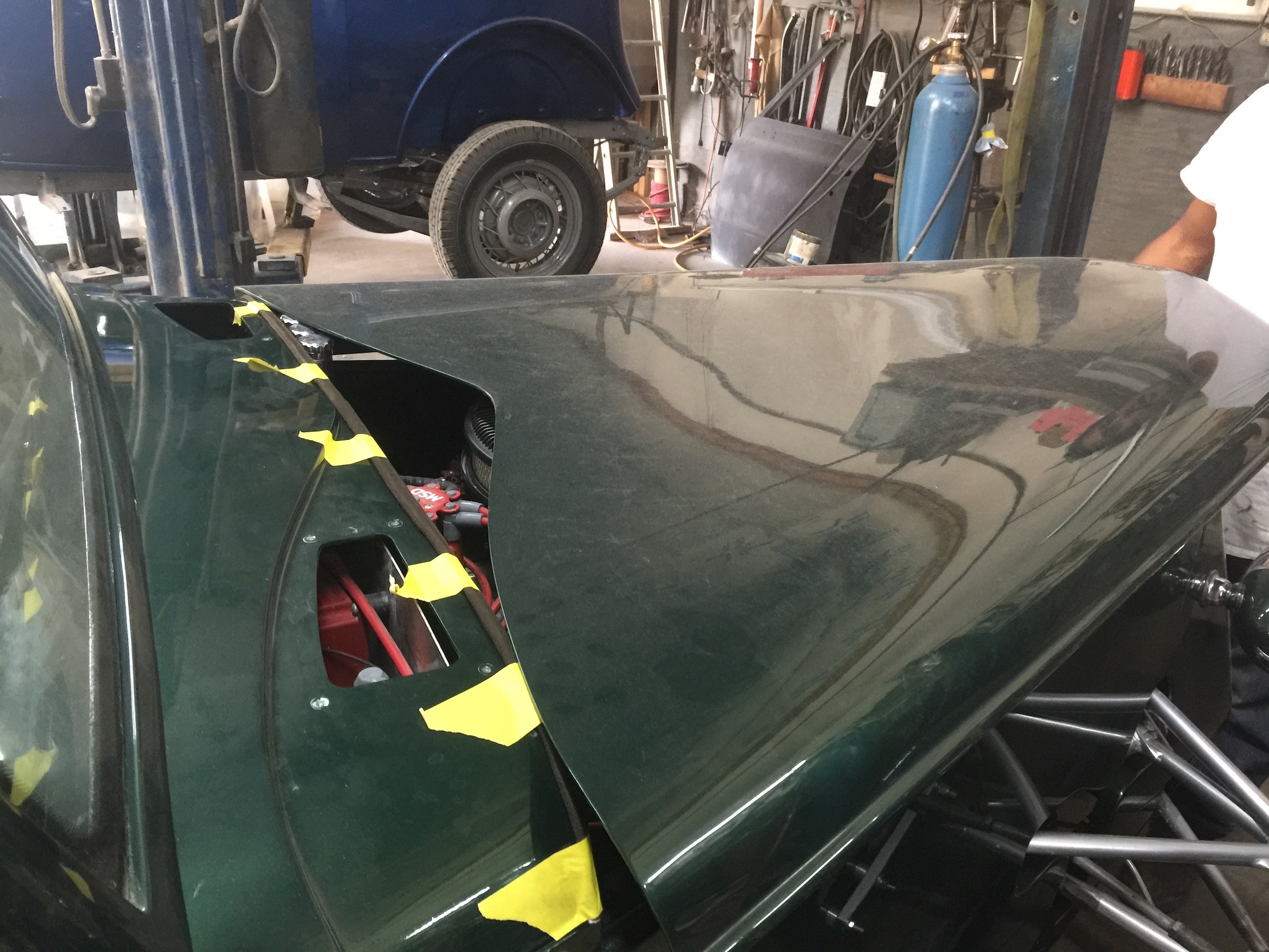 Hood fitment, Fiberglass, Body, and Paint Prep, 121 Rod & Restoration. Finish