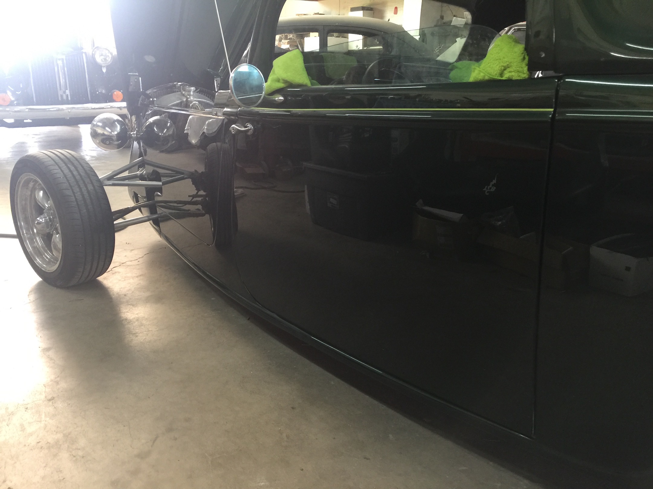 Passenger side, hood open, Fiberglass, Body, and Paint Prep, 121 Rod & Restoration. Finish