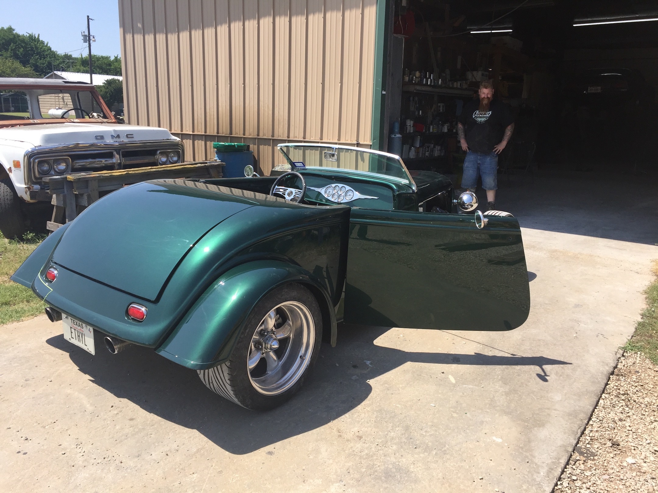 Rear quarter Passenger side, Front quarter, passenger side, top off, engine skirts off,Fiberglass, Body, and Paint Prep, 121 Rod & Restoration. Finish