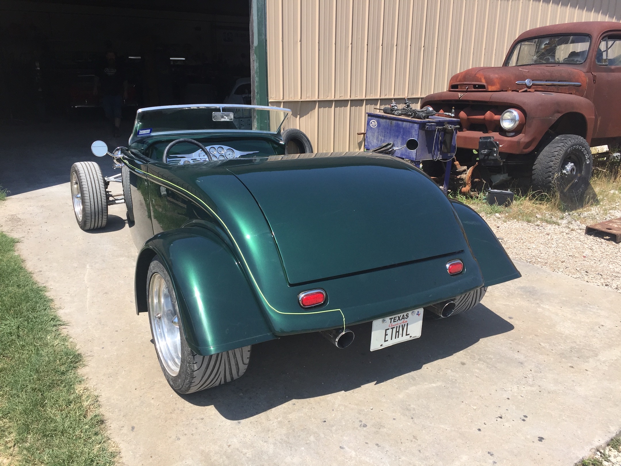Rear Quarter, Driver's side, Front quarter, passenger side, top off, engine skirts off,Fiberglass, Body, and Paint Prep, 121 Rod & Restoration. Finish