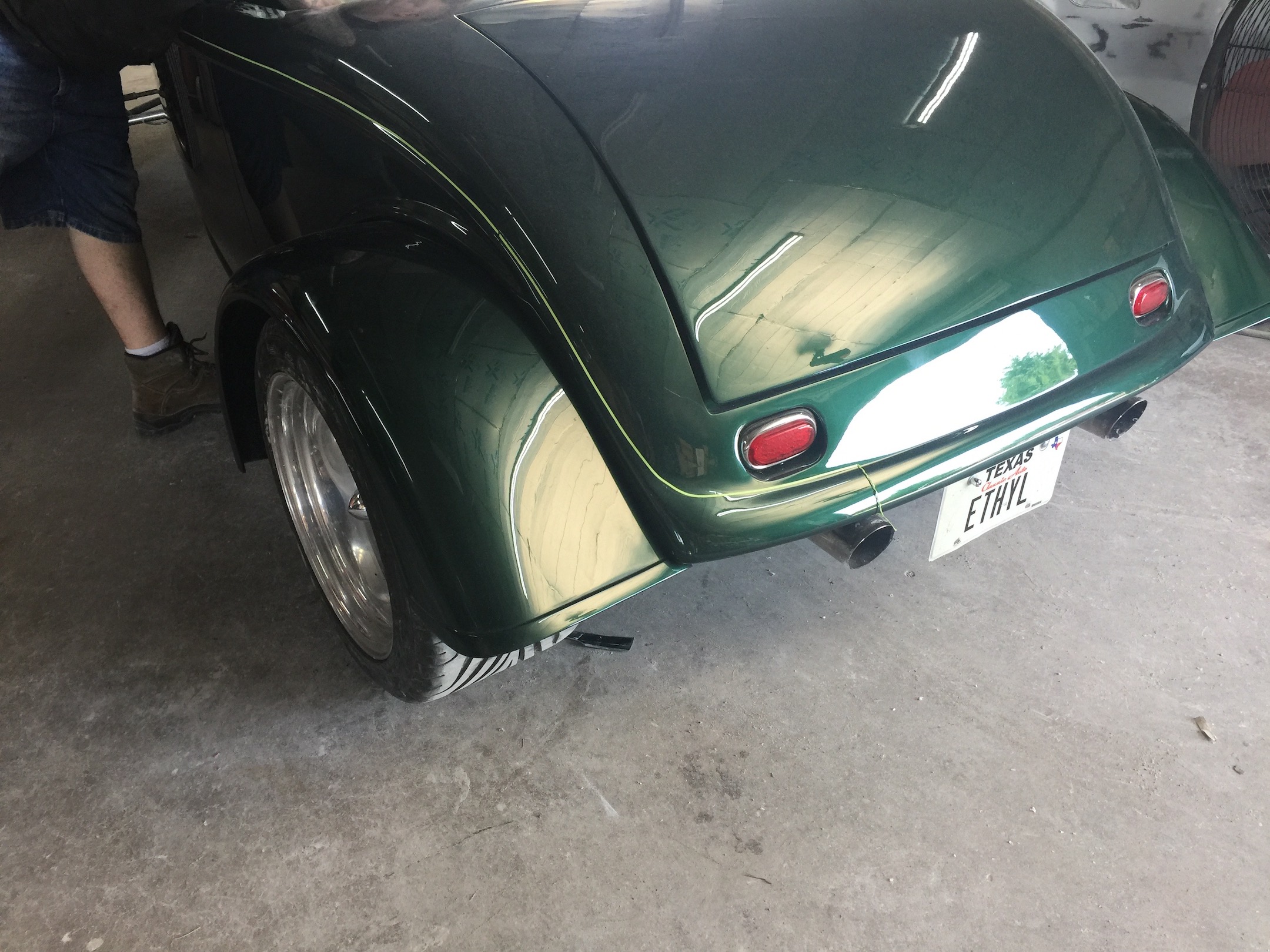 Rear Quarter, Driver's side, fender, Front quarter, passenger side, top off, engine skirts off,Fiberglass, Body, and Paint Prep, 121 Rod & Restoration. Finish