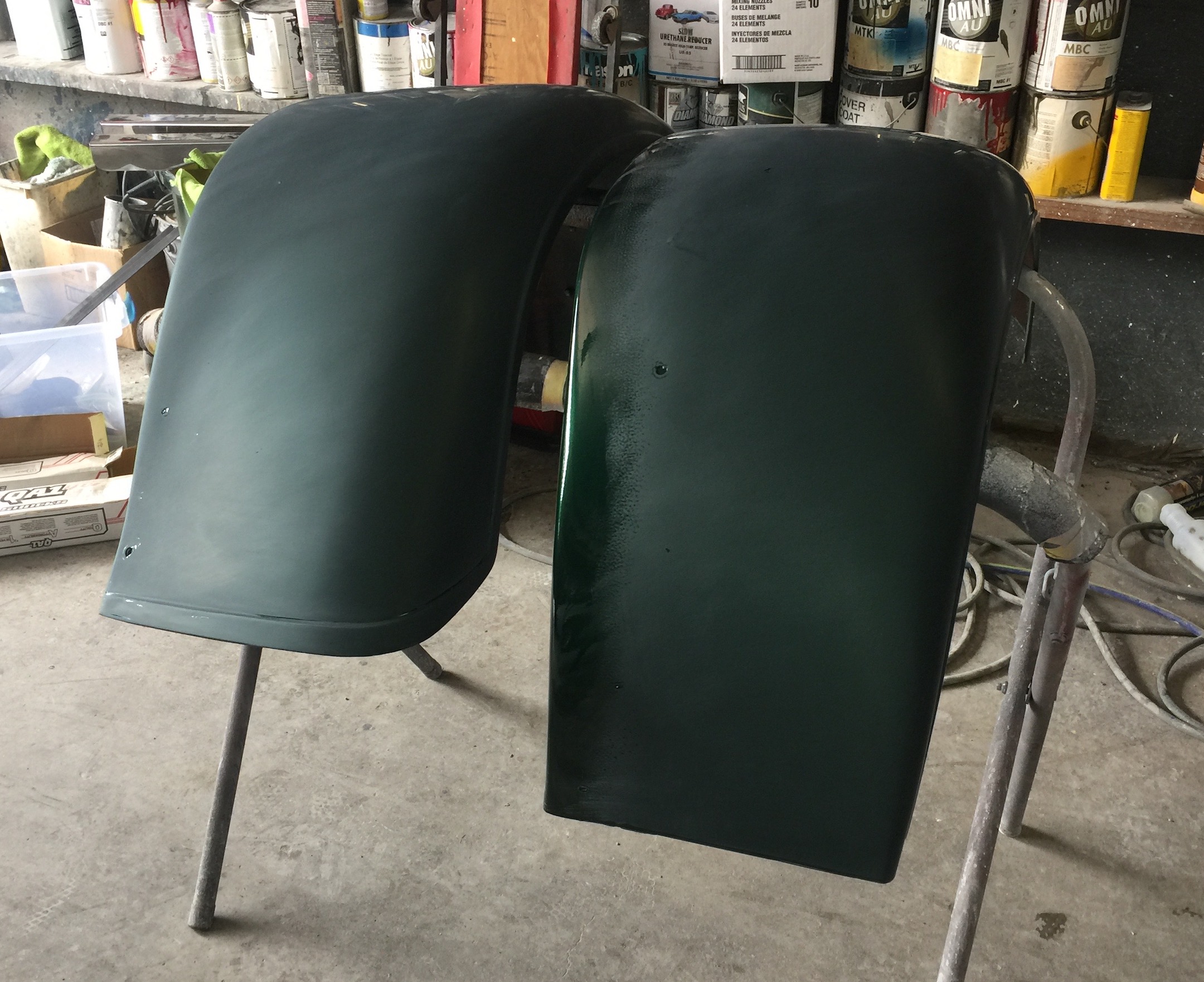 Front Bicycle Fenders, Engine Compartment, Grill, Fiberglass, Body, and Paint Prep, 121 Rod & Restoration. Color Sanding