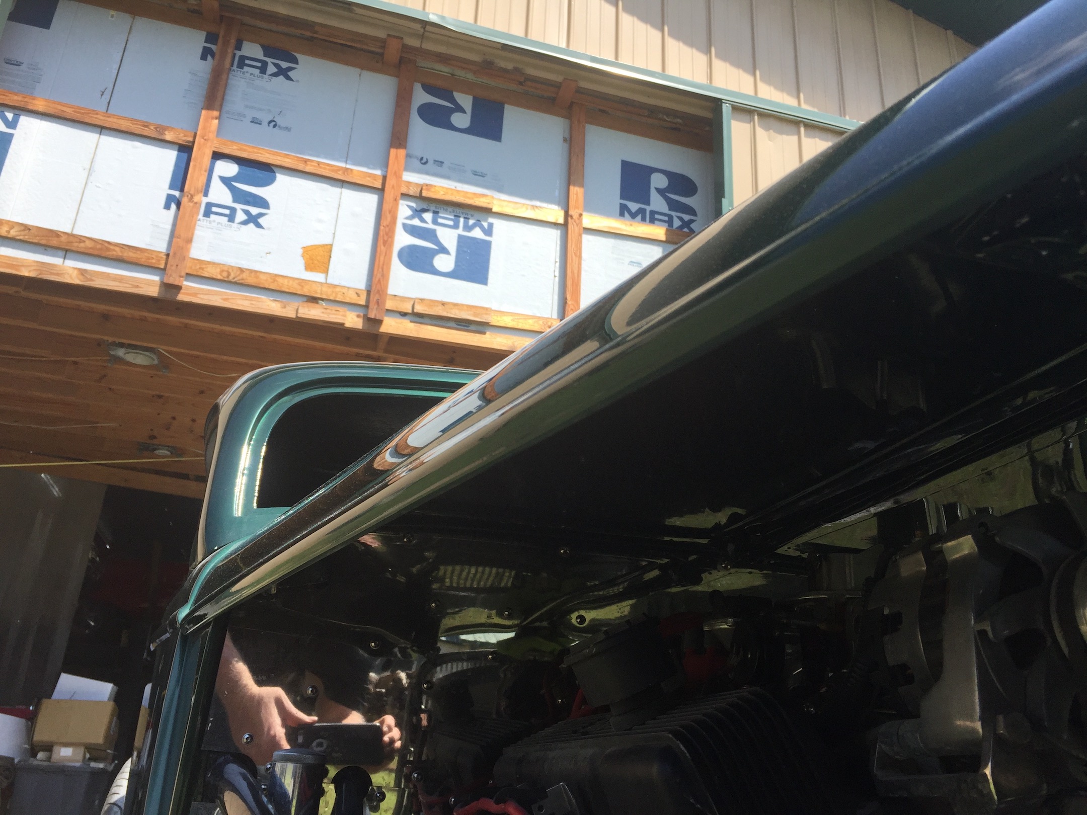 Passenger front quarter with engine, Fiberglass, Body, and Paint Prep, 121 Rod & Restoration. Firewall/Engine Compartment