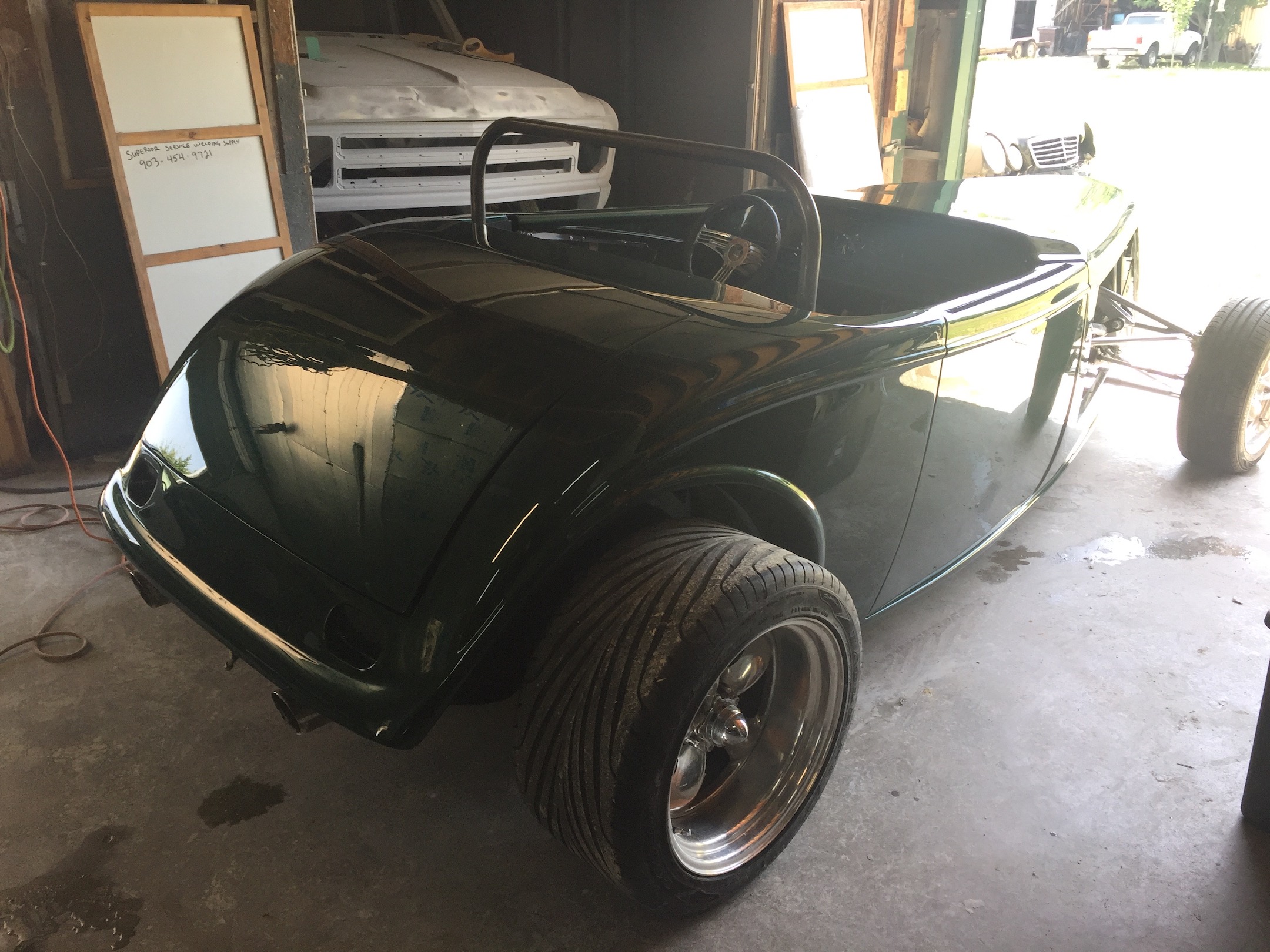 Rear view, Fiberglass, Body, and Paint Prep, 121 Rod & Restoration. Finish