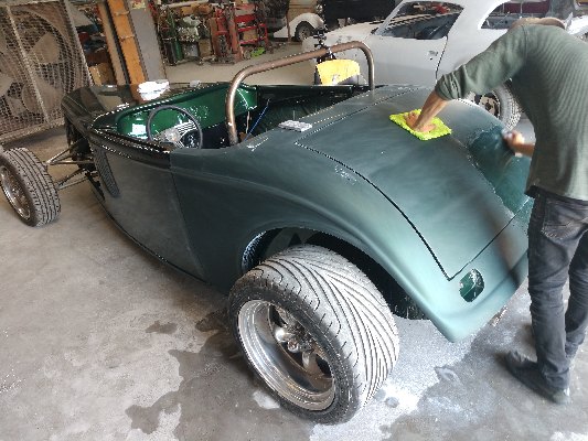 Rear quarter, Fiberglass, Body, and Paint Prep, 121 Rod & Restoration. Color Sanding